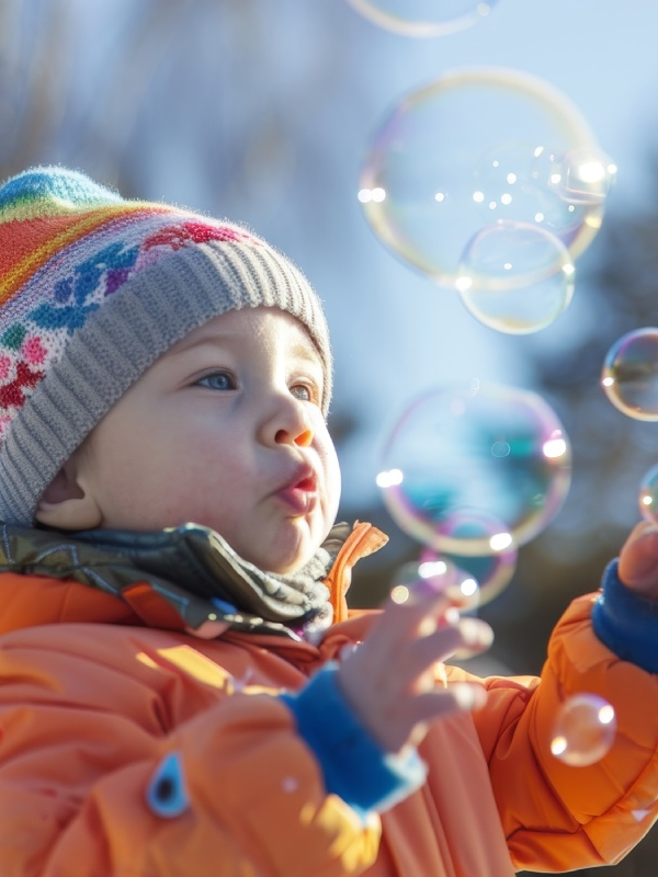 Outdoor play in winter and soap bubbles even on the snow!
